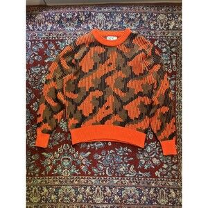Vintage 80s Duck Bay Orange Camouflage Pattern Knit Sweater L Outdoor Camo